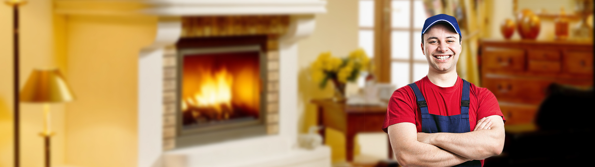 A heating service technician in a warm home