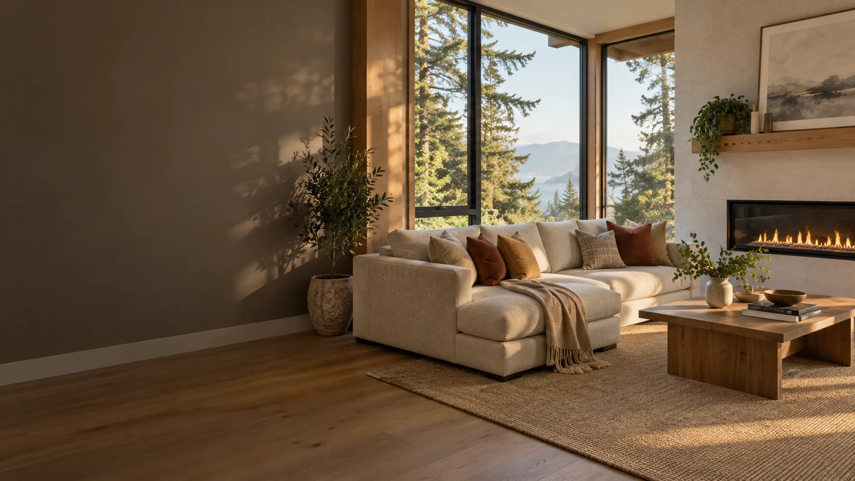 A welcoming sunlit living room with a sofa and fireplace